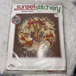 Sunset Stitchery Picture Kit Nature's Wreath Christmas Angel Bells Bird Opened